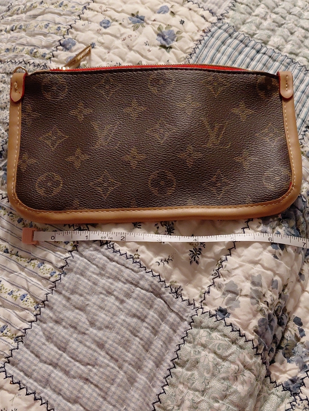 Designer-Style Brown Monogram Zip Clutch with Red Lining